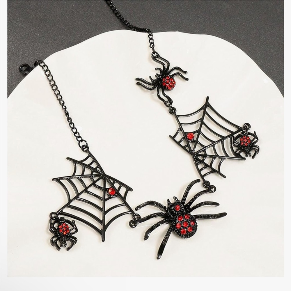 Edgy Black Spider Web Chocker Necklace with Red Immitation Crystal Accents